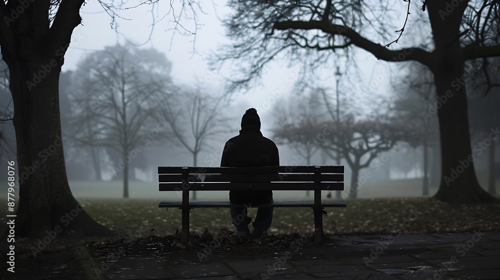 Alone in Solitude - Depressed Person Sitting on Bench in Empty Park Alone in Solitude - Depressed Person Sitting on Bench in Empty Park
