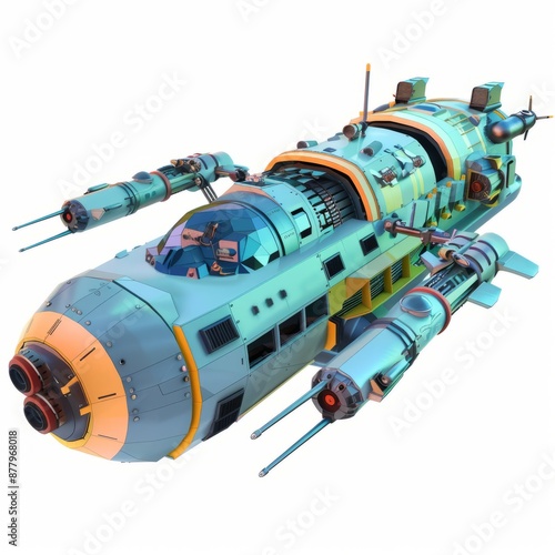 3D Render, Low Poly style of an underwater exploration submarine with modular, on isolated white background, Generative AI