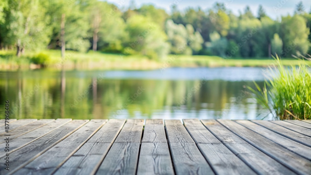 empty grey jetty in foreground of the blurred lakeside background close-up of an beautiful idyllic waterscape on summer day with advertising space on wooden planks empty grey jetty in foreground of the blurred lakeside background close-up of an beautiful idyllic waterscape on summer day with advertising space on wooden planks