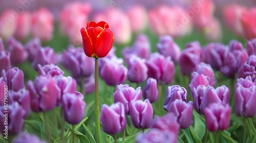 Striking red tulip stands out above the crowd of the common purple tulips in the tulip field of a bulb