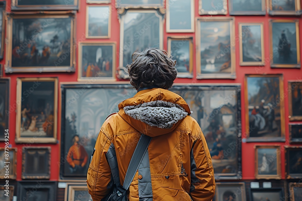 Back of an adult person looking at renaissance style paintings in an old museum art gallery Back of an adult person looking at renaissance style paintings in an old museum art gallery