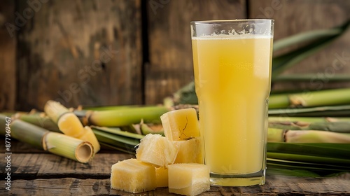 Sugarcane juice and sugarcane pieces in glass on wooden
