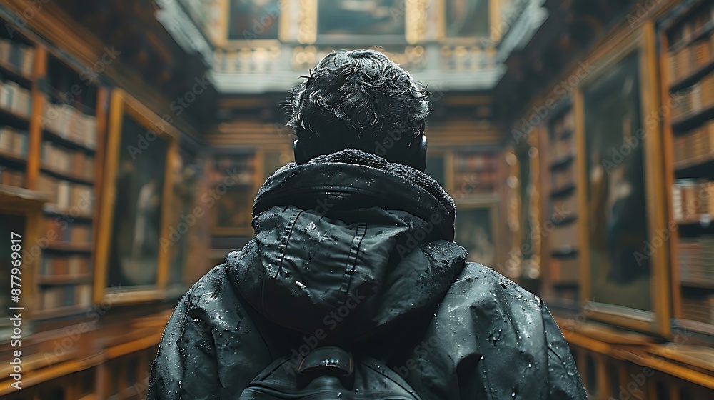 Back of an adult person looking at renaissance style paintings in an old museum art gallery Back of an adult person looking at renaissance style paintings in an old museum art gallery