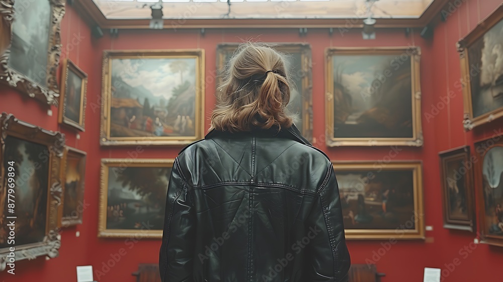 Back of an adult person looking at renaissance style paintings in an old museum art gallery Back of an adult person looking at renaissance style paintings in an old museum art gallery