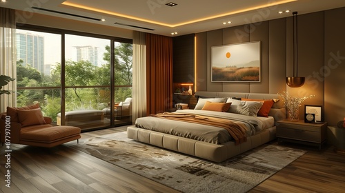 Modern Bedroom with City View. Elegant modern bedroom with city view, featuring floor-to-ceiling windows, stylish decor, and cozy lighting for a luxurious ambiance.