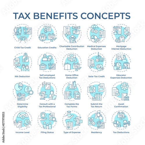 Tax benefits soft blue concept icons. Fiscal policies. Tax incentives and deduction. Refunds and reductions. Taxation. Icon pack. Vector images. Round shape illustrations. Abstract idea