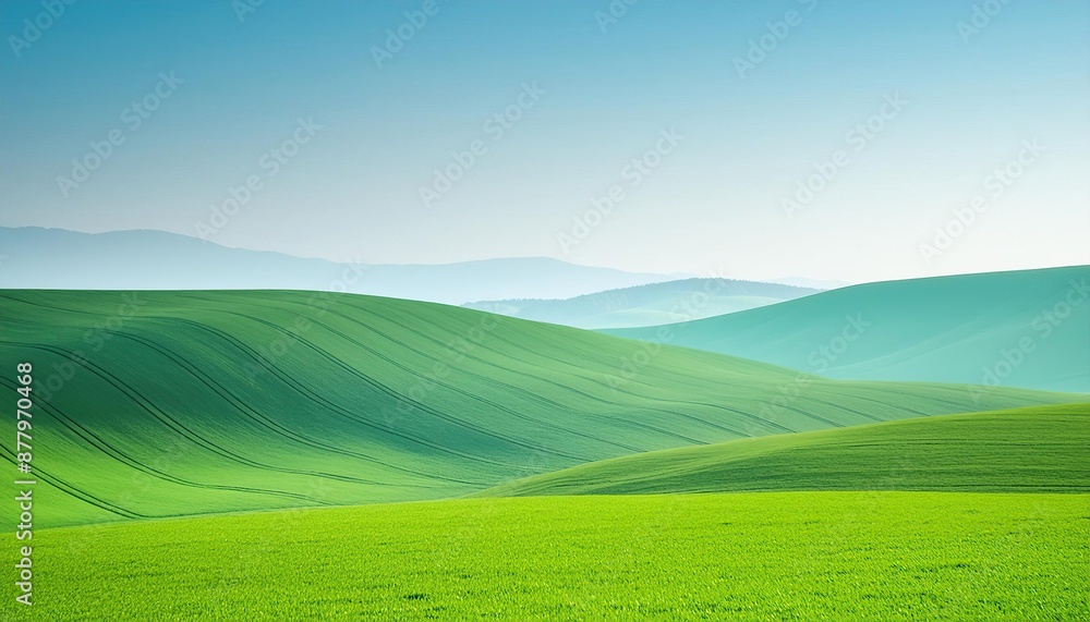 Fresh green fields in spring with a blue sky backdrop on a hill Fresh green fields in spring with a blue sky backdrop on a hill