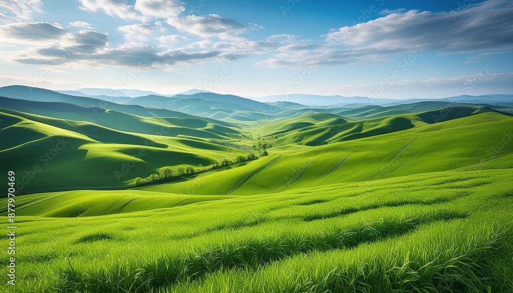 Obraz premium Fresh green fields in spring with a blue sky backdrop on a hill 