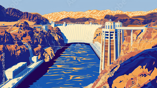 Risograph riso print travel poster, card, wallpaper or banner illustration, modern, isolated, clear and simple of Hoover Dam, Nevada, Arizona, USA. Artistic, screen printing, graphic design