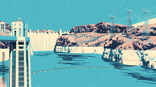 Risograph riso print travel poster, card, wallpaper or banner illustration, modern, isolated, clear and simple of Hoover Dam, Nevada, Arizona, USA. Artistic, screen printing, graphic design