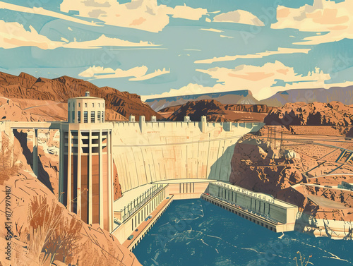 Risograph riso print travel poster, card, wallpaper or banner illustration, modern, isolated, clear and simple of Hoover Dam, Nevada, Arizona, USA. Artistic, screen printing, graphic design