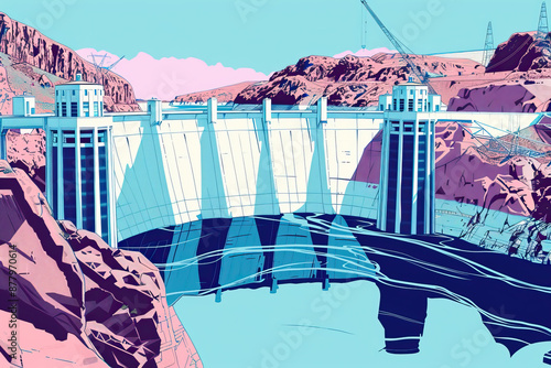 Risograph riso print travel poster, card, wallpaper or banner illustration, modern, isolated, clear and simple of Hoover Dam, Nevada, Arizona, USA. Artistic, screen printing, graphic design
