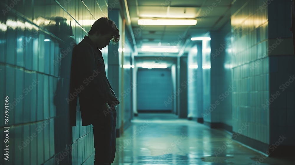Portrait of a Depressed Man Standing in Hallway, Leaning Against Wall and Looking Down with a Pensive Expression Portrait of a Depressed Man Standing in Hallway, Leaning Against Wall and Looking Down with a Pensive Expression