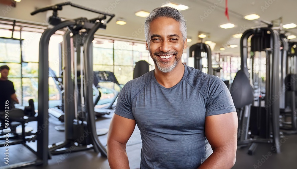Handsome mature muscular man in modern gym on background Handsome mature muscular man in modern gym on background