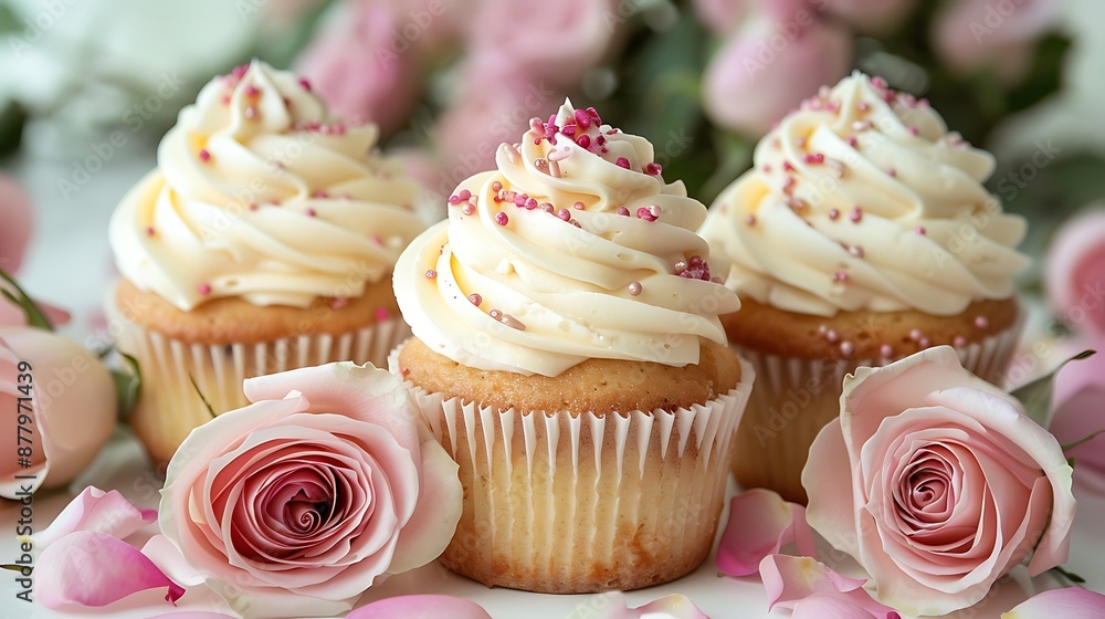 Three cupcakes with beautiful frosting among some roses on a tabletop Three cupcakes with beautiful frosting among some roses on a tabletop
