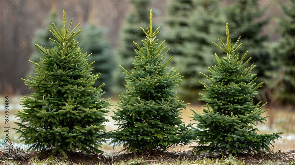 Obraz premium Three spruce in a row Tree name is dwarf alberta spruce