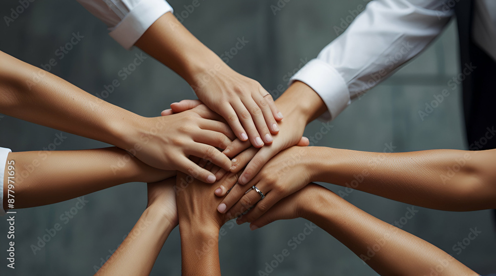 Panoramic teamwork business join hand together concept, Business team standing hands together, Volunteer charity work, Generative.ai Panoramic teamwork business join hand together concept, Business team standing hands together, Volunteer charity work, Generative.ai