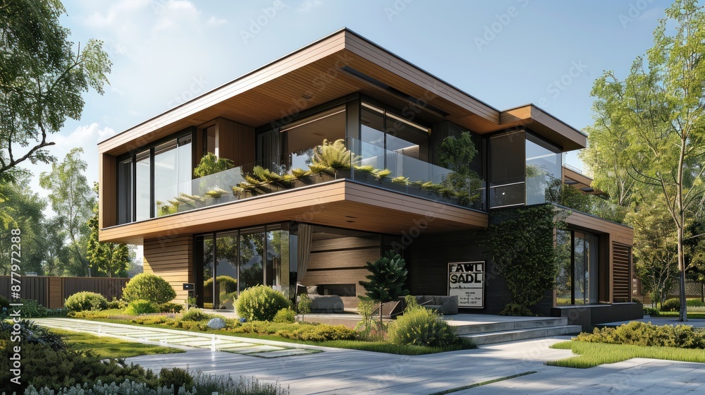 A modern house with a 'For Sale' sign and mortgage documents, showcasing natural daylight and detailed elements, incredibly detailed and intricate. A modern house with a 'For Sale' sign and mortgage documents, showcasing natural daylight and detailed elements, incredibly detailed and intricate.