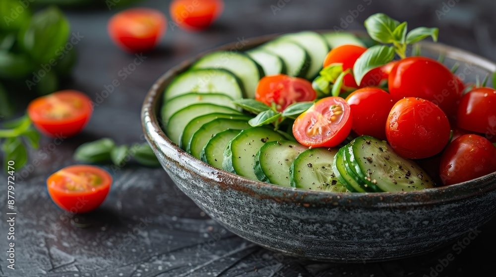 Crisp photo of sliced cucumbers and cherry tomatoes in a salad bowl Crisp photo of sliced cucumbers and cherry tomatoes in a salad bowl