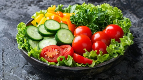 A bowl of fresh vegetable salad featuring tomatoes, cucumbers, bell peppers, and lettuce, arranged beautifully.
