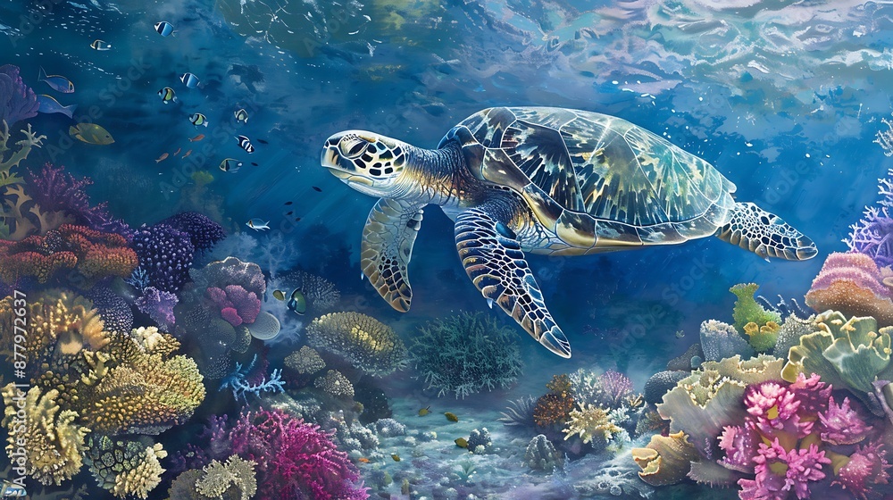 Underwater scene with a sea turtle calmly swimming over a patch of colorful coral Underwater scene with a sea turtle calmly swimming over a patch of colorful coral