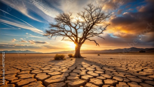 Sunset at dry and cracked land with died tree.