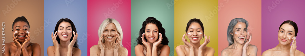Fototapeta premium Seven multiethnic women of diverse ages stand in front of colorful backgrounds. Each woman smiles while applying facial cleanser to their faces. The women appear to be happy and confident