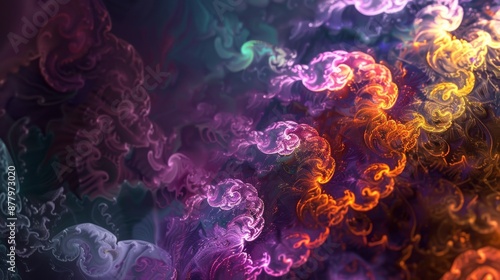 Swirling abstract cloud formations in purple, orange, and teal