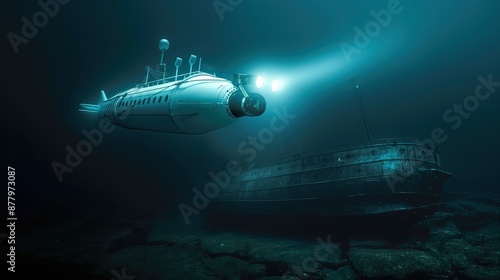 Wallpaper Mural Submarine in the deep blue sea, 3d rendering. Computer digital drawing. Torontodigital.ca