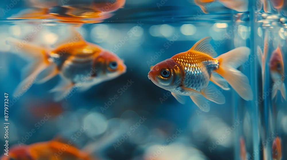 Voilehvost goldfish behind glass in a blue aquarium closeup Voilehvost goldfish behind glass in a blue aquarium closeup