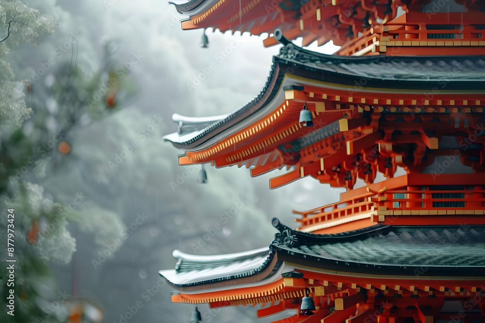 Red Pagoda Roof in the Rain - Japanese Architecture Photo Red Pagoda Roof in the Rain - Japanese Architecture Photo
