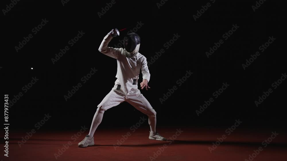 Full-Length View Of Fencer With Foil In Hand, Practicing To Fencing Alone In Fencing Track, Sports Full-Length View Of Fencer With Foil In Hand, Practicing To Fencing Alone In Fencing Track, Sports