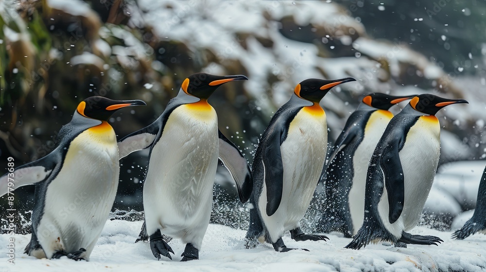 Fototapeta premium A group of King penguins, Aptenodytes patagonicus, walking across white snow