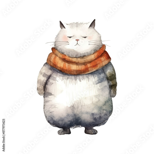 A fat cat with shawl in her neck, Watercolor ilustration vector, White background photo