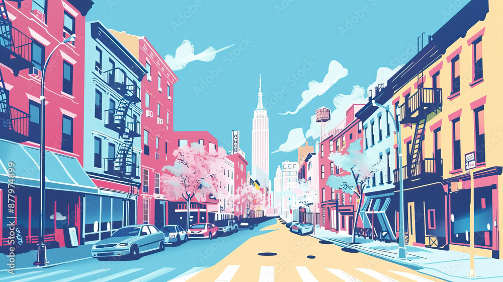 Fototapeta premium Risograph riso print travel poster, card, wallpaper or banner illustration, modern, isolated, clear and simple of Little Italy, New York City, USA. Artistic, screen printing, retro, vintage