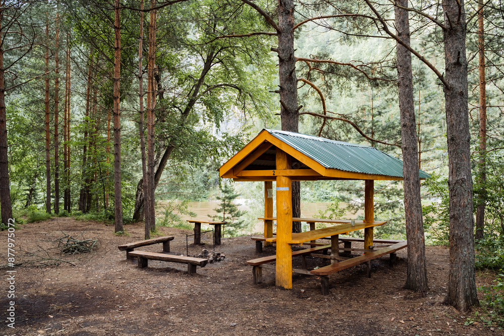 Amidst the forest stands a wooden picnic table with a green roof, offering a serene spot for leisure and relaxation within the natural landscape. The setting exudes tranquility and peace Amidst the forest stands a wooden picnic table with a green roof, offering a serene spot for leisure and relaxation within the natural landscape. The setting exudes tranquility and peace