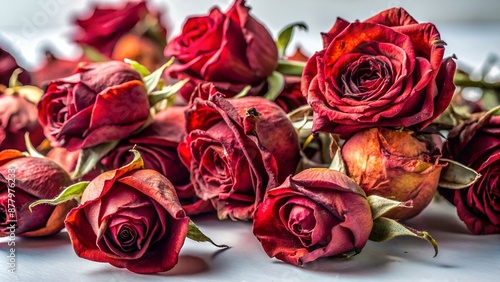 bouquet of red dry roses on an isolated background. the faded flowers are scattered, the holiday is finished anti valentin's day