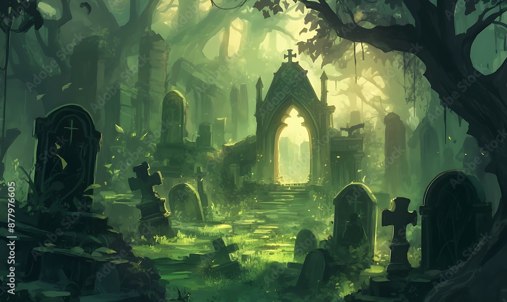 Obraz premium Forgotten Gateway in a Verdant Graveyard