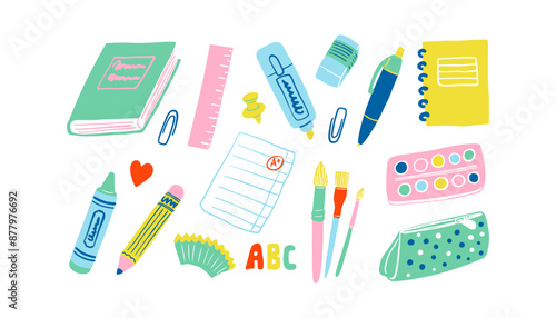 Cute stationery set. Office, school supplies, education. Notebook, pen, pencil, ruler, book, crayon, eraser, brush, paint, pencil case, etc.