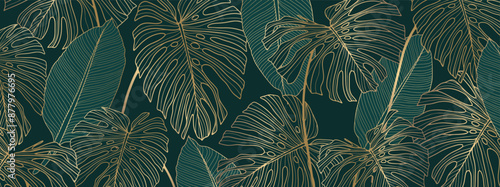 Luxury gold and green nature vector background. Floral pattern, tropical plant with golden split leaves with monstera plant line art, vector illustration.