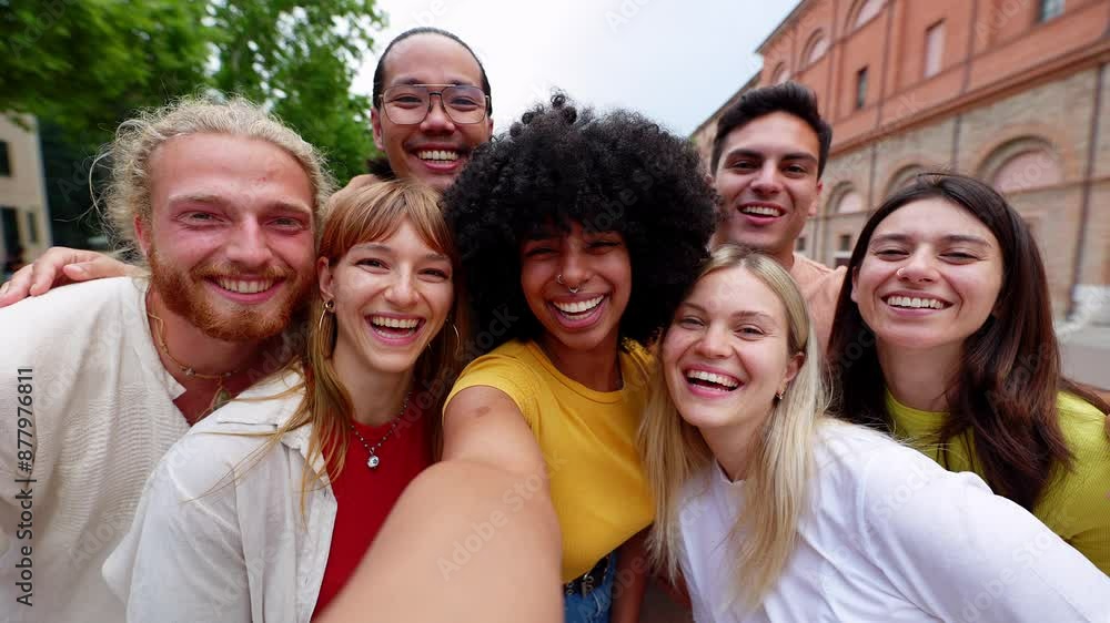 Young group of diverse friends smiling at camera together. Multiracial tourist people hugging each other laughing while taking selfie video portrait during summer vacation in Italy. Friendship concept Young group of diverse friends smiling at camera together. Multiracial tourist people hugging each other laughing while taking selfie video portrait during summer vacation in Italy. Friendship concept