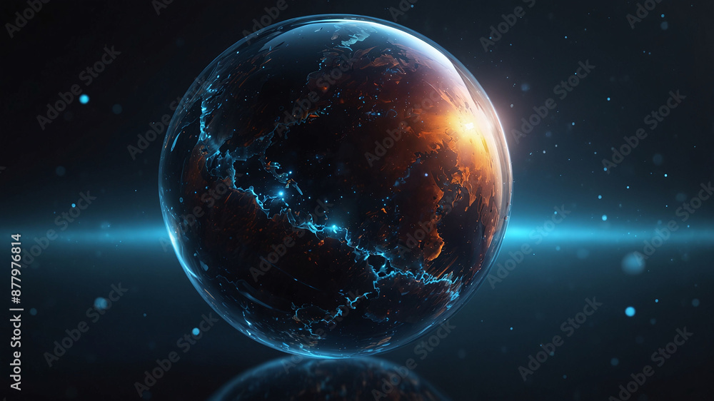 Stunning Digital Art of a Glowing Planet with Blue and Orange Highlights in Space Stunning Digital Art of a Glowing Planet with Blue and Orange Highlights in Space