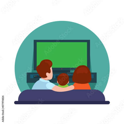 Family Watch TV From Back View Symbol Cartoon Illustration Vector
