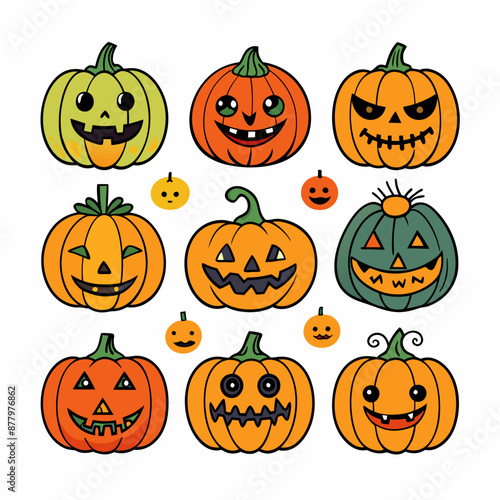 16 set of hand drawn halloween pumpkin icon. fancy, simple, cute clean, adorable, suitable for kids under 6 year old. white background