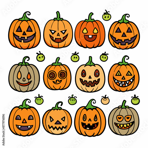 16 set of hand drawn halloween pumpkin icon. fancy, simple, cute clean, adorable, suitable for kids under 6 year old. white background