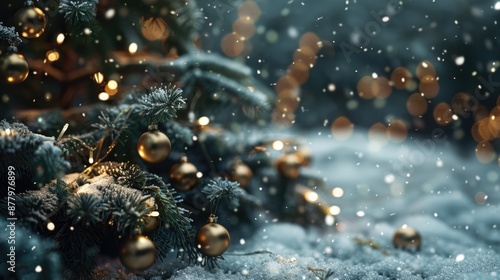 A snowy Christmas tree decorated with lights and ornaments