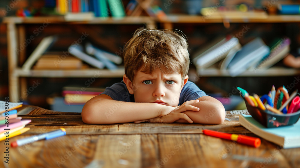 Sad little boy doing homework at table indoors Sad little boy doing homework at table indoors