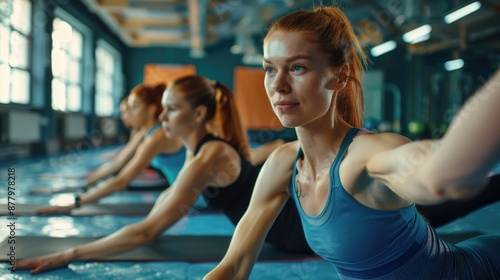 Group of women practicing yoga in a modern gym setting, suitable for fitness or wellness concepts