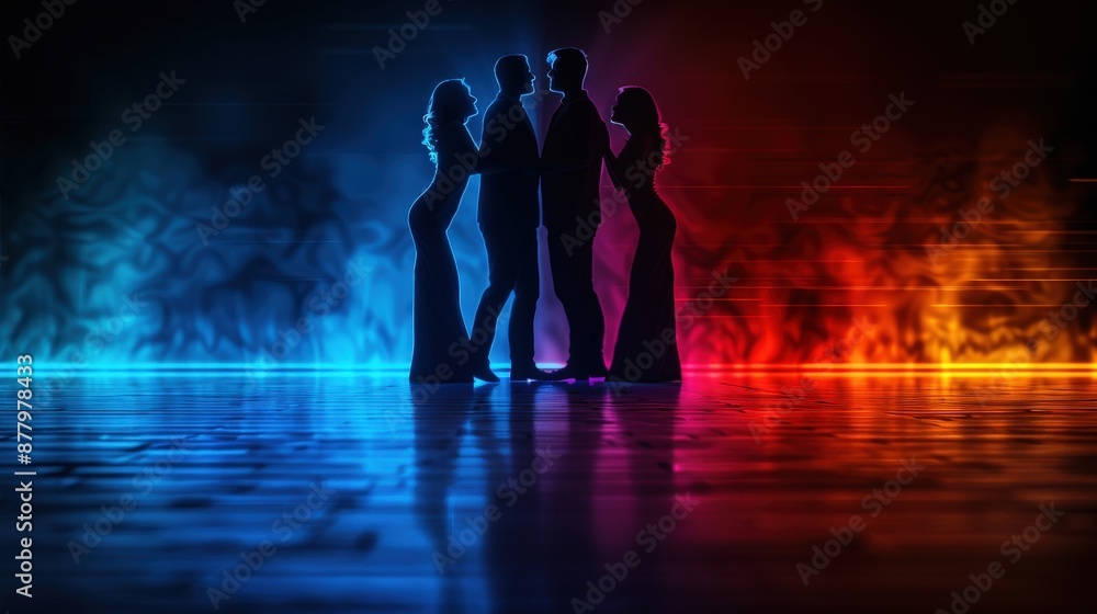 Fototapeta premium A wedding dance floor in silhouette with couples dancing