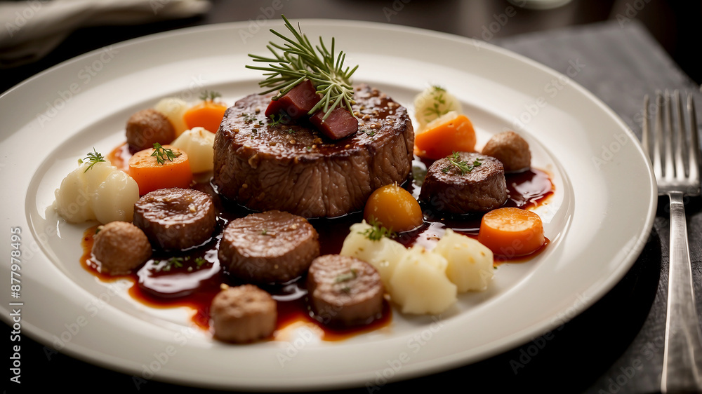 Boeuf Bourguignon. Film the chef arranging tender pieces of beef, glazed vegetables, and a drizzle of rich sauce on a pristine white plate Boeuf Bourguignon. Film the chef arranging tender pieces of beef, glazed vegetables, and a drizzle of rich sauce on a pristine white plate